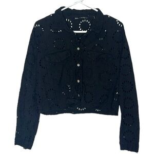 Zara Black Boxy Eyelet Long Sleeve Jacket Top